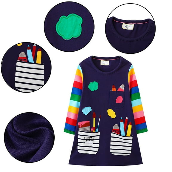 Esaierr Kids Baby Spring Fall for Girls, Little Girls'Dress Spring Autumn Long Sleeve Casual Cartoon Printing Toddler A-Line Party Birthday Dress for 2-8years
