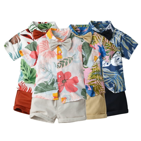 Esaierr Kids Baby Summer Hawaii Beach 2Pcs Sets for Boys,Toddler Short Sleeve Lapel down Button down Print Beach Shirts and Short Pants Two-Piece Set,Sizes 6M-6T