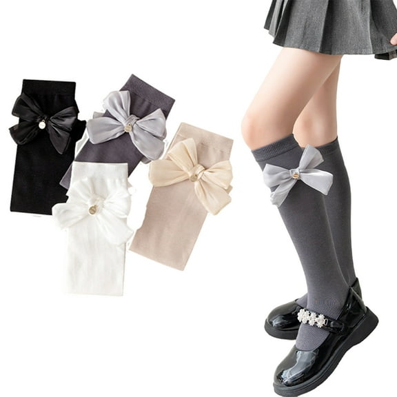 Esaierr Kids Baby Toddler Girls Knee High Socks Bow Mesh Breathable Dress Socks Toddler Cotton Uniform Stockings Big Girls Long Stockings with Bow 2 Pairs for 3-12Y
