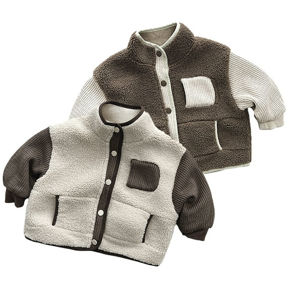 Esaierr Kids Boys Girls Warm Cotton Jacket for Baby 9M-7Y Plush Winter Coats Newborn Thickened Outerwear Clash Colors Cotton Tops