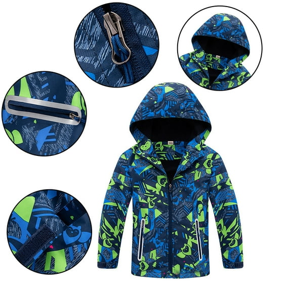 Esaierr Kids Boys Girls Waterproof Rain Jackets Coats Baby Lightweight Raincoats Fleece Lining Outdoor Sports Windbreaker Hooded Windbreaker Outwear for 3-14 Years