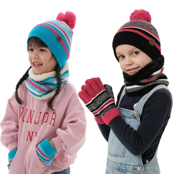Esaierr Kids Boys Girls Winter Hat Scarf Gloves Set 3pcs Warm Knit Beanie Cap Circle Scarf Mitten with Fleece Lining for 4-7Years Old