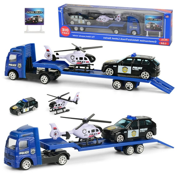 Esaierr Kids Car Toys Baby Police Trucks Toy Playset Toddler Police Cars Toys Included Flatbed Trailer,Helicopter & Suv, Birthday Gift for Ages 3+