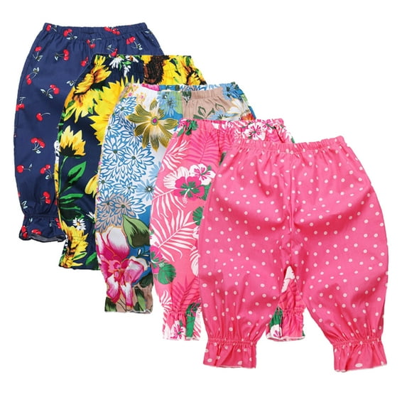 Esaierr Kids Girls Cotton Casual Pants for Baby Summer Resort Style Elastic Waist Trousers Toddler Printed Haren Seven-Minute Pants for 1-9 Years