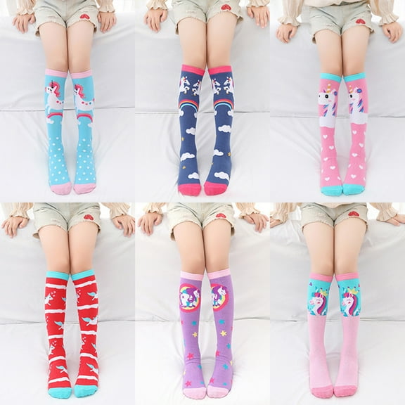 Esaierr Kids Girls Knee High Long Socks Toddler Baby Cotton Cartoon Socks Autumn Socks Thigh High Socks for Child 3 Pairs 3-12Y