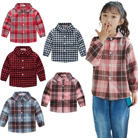 Esaierr Kids Little Boys Girls Plaid Shirt Baby Long Sleeve Button Cotton Shirt Spring Fall Clothing 1T-6T