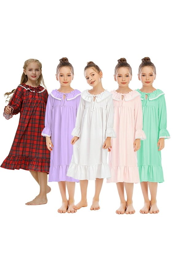 Kids Princess Nightgown for Girls，long Sleeve Soft Mid-Length Toddler Pajamas Solid Color Sleep Dress Girls Vintage Nightgown Teen Nightgowns & Sleep Shirts for 5-14 Years