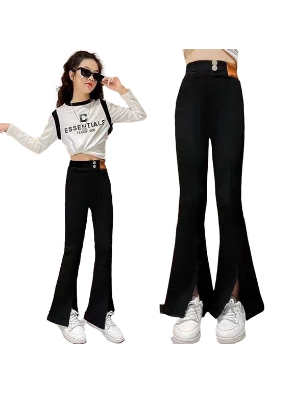Kids Spring Flare Pants Leggings for Girls,Teen Casual Ruffle Bottoms Tights Little Girls Bottoms High Waisted Long Pants Elastic Waist Baby Bell Bottoms,Size 4-14 Years