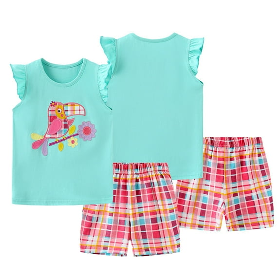 Esaierr Kids Toddler 2PCS Summer T-Shirt Shorts Set Outfits for Girls,Baby Girls Short Sleeved Pullover Tees+elastic Shorts Pants Cartoon Embroidered Newborn New Soft Sets Clothes for 2-7T