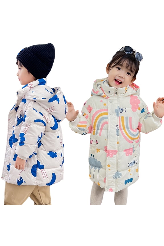 Kids Toddler Autumn Winter Puffer Outerwear for Boys Girls Long Sleeve Cute Cartoon Print Hoods down Coats Baby Autumn Winter down Jacket for 1-10Y