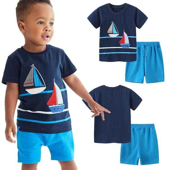 Esaierr Kids Toddler Boys Clothing Two Piece Set Summer Cotton Embroidery Boys Tees Shorts Outfit for 2-8 Years