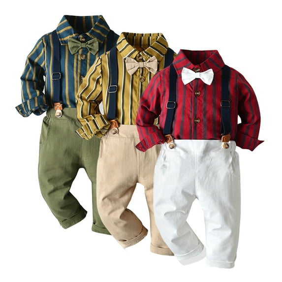 Esaierr Kids Toddler Boys Dress Suit Baby Infant Boys Gentleman Clothes Sets Bow Ties Shirts + Suspenders Pants Outfits Formal Wedding Outfits for 3M-5Y