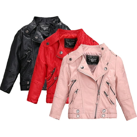 Esaierr Kids Toddler Boys Girls Leather Jackets New Spring Teen Collar Motorcycle Faux Leather Zipper Lapel Autumn Winter Coats Outwear for 2-14Y