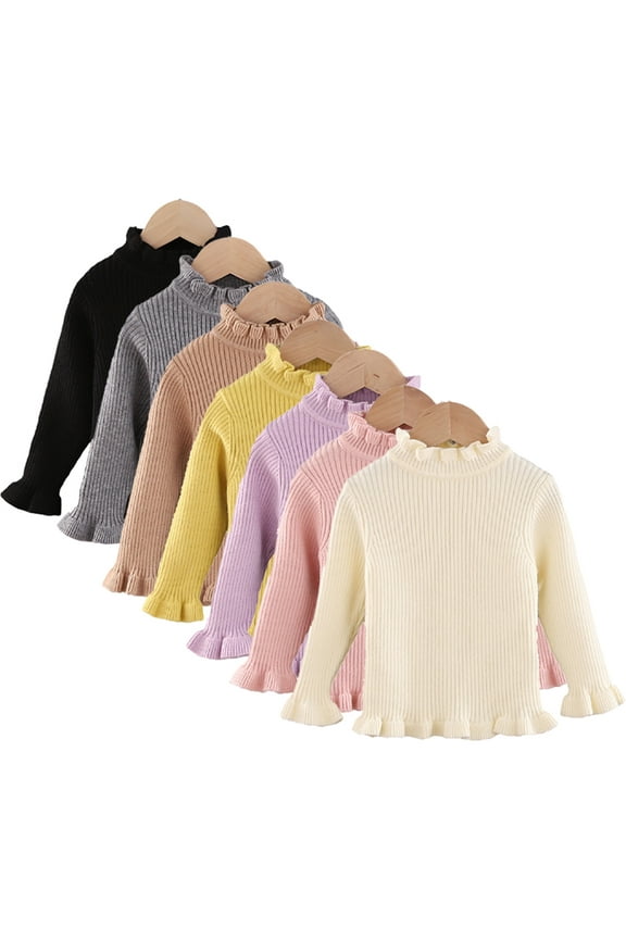 Kids Toddler Fall Winter Knit Sweaters Underlay for Girls,Baby Warm Jumper Bottom Plush Half High Collar Ruffle Casual Autumn Winter Thermal Pullover Knit,Size 1-5Y
