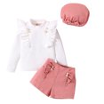 thumbnail image 1 of Esaierr 2Pcs Kids Baby Girls High Neck T-Shirt Tops and Pants Outfit,4-7Y Toddler Pullover Ruffle Long Sleeve Solid Color Top+Shorts Pants +Hat,Kids Spring Fall Winter Set, 1 of 7