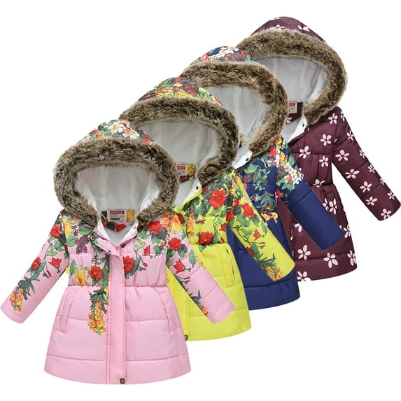 Esaierr Kids Toddler Girls Winter Floral Cotton Jacket Coat Mid-Length Fleece Snow Coat with Hoodie Baby Warm Thick Padded Outerwears for 3-12Y