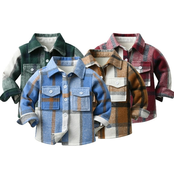 Esaierr Kids Toddler Warm Shirt Jackets for Boys Fleece Long Sleeve 6M-9Y Lined Plaid Fleece Button down Infant Shirt Baby Flannel Shirt Outwear