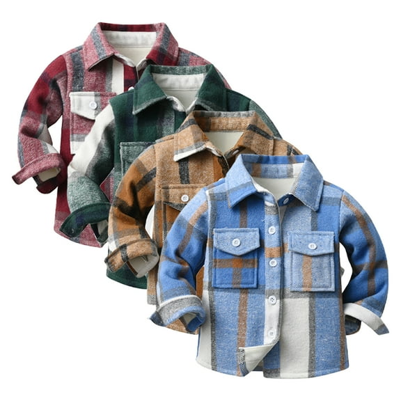 Esaierr Kids Toddler Warm Shirt Jackets for Boys Fleece Long Sleeve 6M-9Y Lined Plaid Fleece Button down Infant Shirt Baby Flannel Shirt Outwear