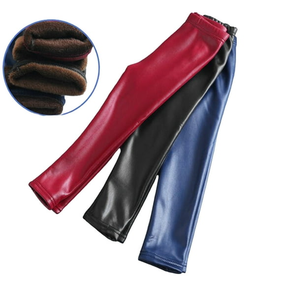 Esaierr 2-11Y Girls Stretchy Faux Leather Leggings for Baby Kids Winter Warm Pants Versatile Bottoms Fleece Stretch Trousers
