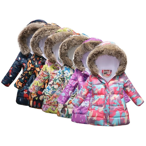 Esaierr Kids Toddler Winter Mid-Length Coat for Boys Girls, 3-12Y Hood Warm Snowsuit Outwear Cartoon Printed Thicken Warm Winter Cotton Coat