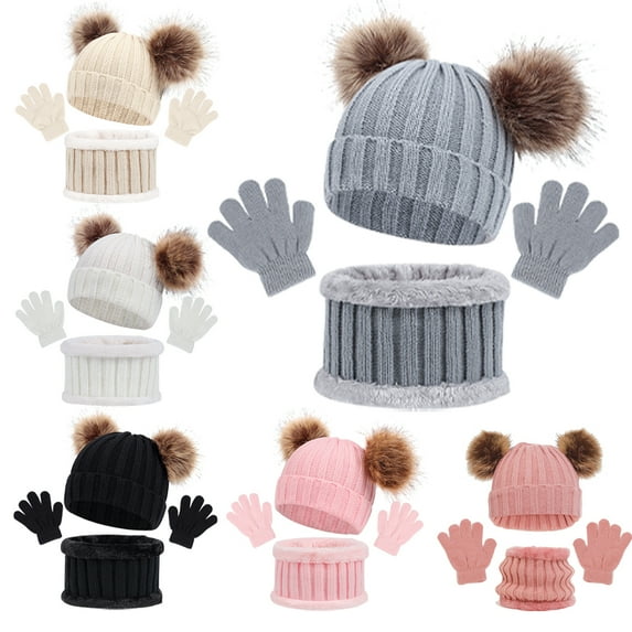 Esaierr Kids Winter Hat Scarf Gloves Set 3pcs for Boys Girls,Baby Warm Knit Beanie Cap Circle Scarf Mitten with Fleece Lining for Children 1-5Years Old