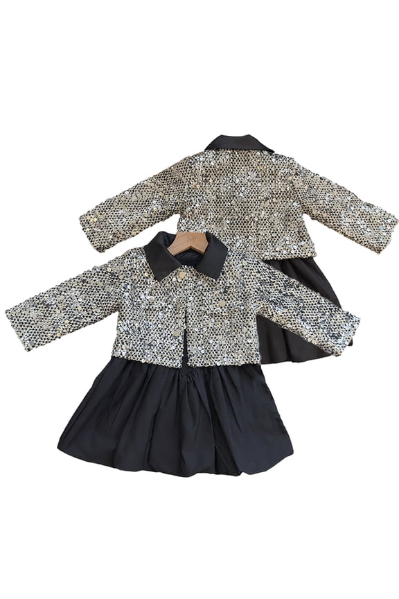 Little Girls Black Dress Sequins Cotton Jacket Long Sleeve Winter Coat Outerwear for Baby Kids 2-14 Years