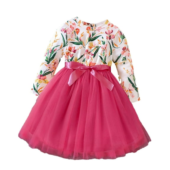 Esaierr Little Girls Long Sleeve Dresses Toddler Spring Fall Flower Prints Dress Mesh Fashion Dress for Kids 1-7 T