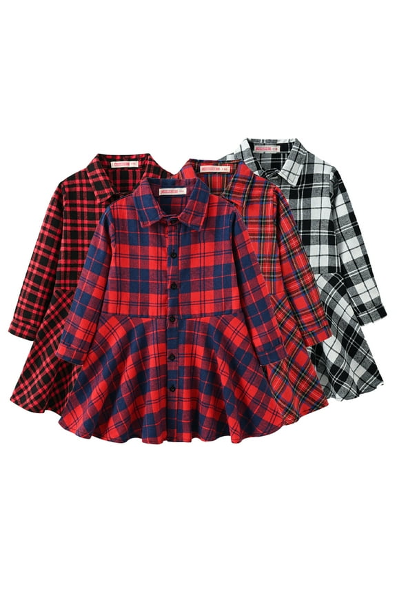 Little Girls Plaid Shirt Dress for Toddler Kids Long Sleeve A-Line Princess Dresses Spring Autumn Casual Skirt 3-11 Years