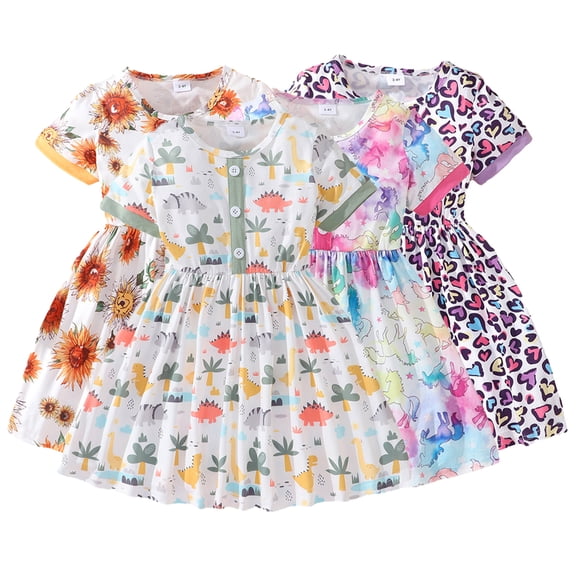Esaierr Little Girls Short Sleeve Dress Toddler Summer Sundress Dinosaur Sunflower Print Dress Kids Color Blocking Princess Dresses for 3-8 Years