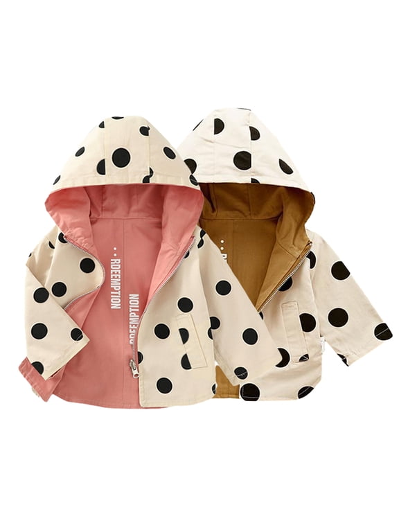 Newborn Baby Boys Girls Spring Fall Trench Coat Two-Sided Wear Jacket Polka Dot Print Hooded Coats Long Sleeves Windbreaker Jacket 9 Months-5 Years