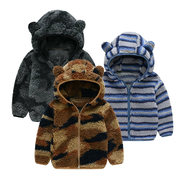 Esaierr Newborn Baby Boys Girls Winter Coats Ears Fleece Jacket with Hooded Toddler Sweater Cotton Outwears for 9M-5Y Long-Sleeved Striped Outwear
