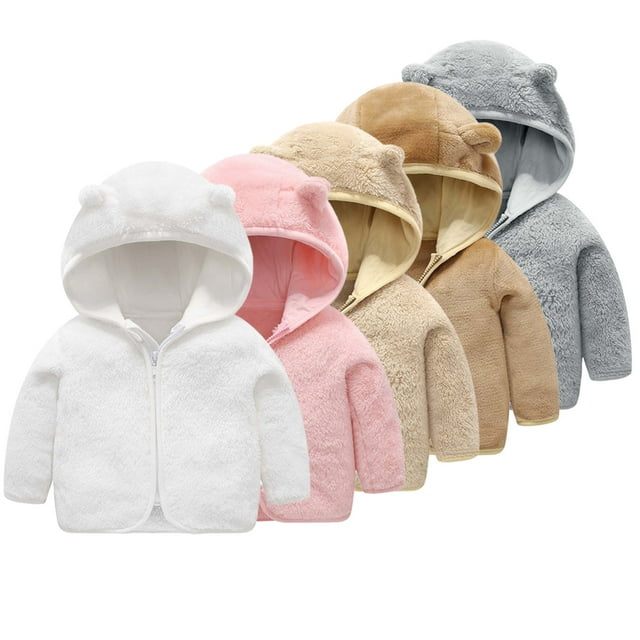 Esaierr Newborn Baby Fleece Winter Jacket Toddler Girls Boys Sweater Outerwear Coat with Ears Hooded Zip Solid Colour Thickened Warm Top for 6M-6T