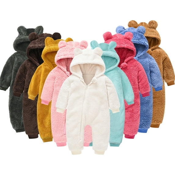 Esaierr Newborn Baby Fleece Jumpsuit Ears Hooded Snowsuit for 6 Months-3 Years Boys Girls Cute Romper Infant Autumn Winter Jacket Outwear