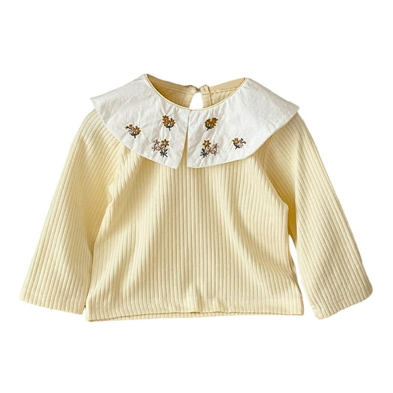 Esaierr Newborn Baby Girls Doll Collar T Shirt Spring Autumn Embroidered Collar Doll Shirt Cotton Long-Sleeved Toddler Tee Shirts Embroidery Solid Colour Tops for 0-2T
