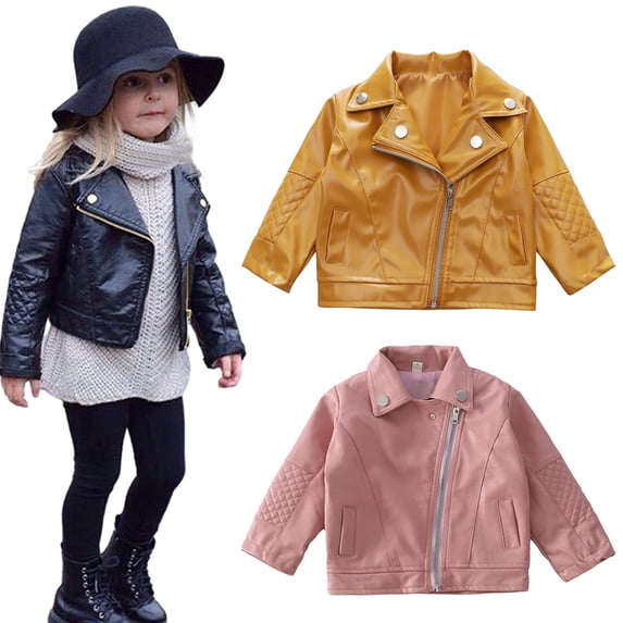 Esaierr Newborn Baby Girls Leather Jacket Toddler Faux Leather Outwear Coat Autumn Winter Long-Sleeved Zipper Coat for 9M-6Y
