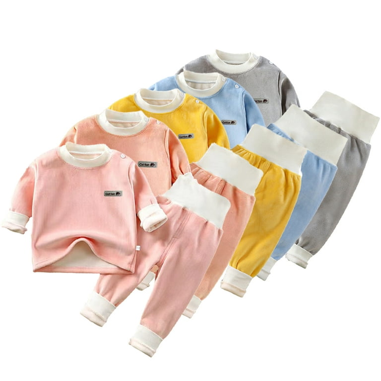Esaierr Newborn Baby Thermal Underwear Set 2PCS Fall Winter Long Sleeve  Padded Thermal Shirt with High Waisted Pants Outfit 4M-4Y 