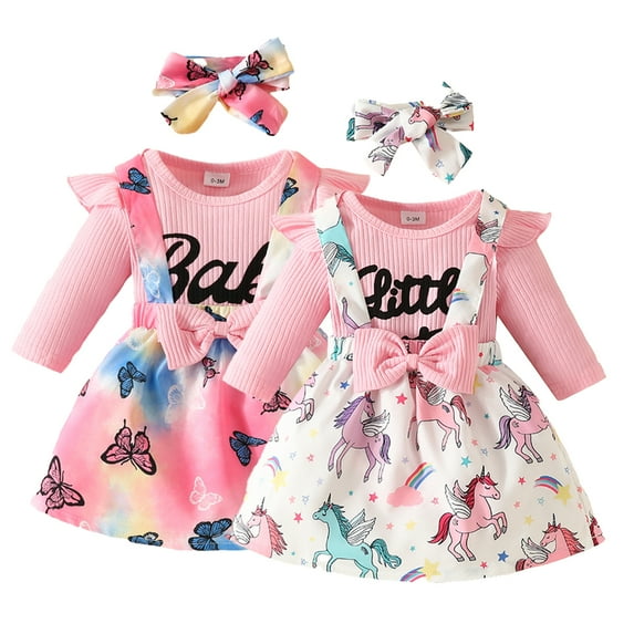 Esaierr Newborn Girls Letter Dress Romper with Headband Comfort Outfits for 0-18M Spring Autumn Top +Bow Skirt Set