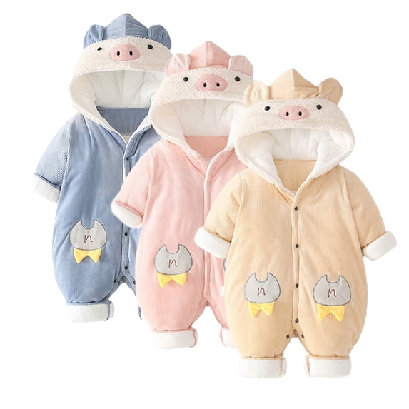 Esaierr Newborn Infant Fleece Jumpsuit Hooded Warm Winter Outwear Snowsuit Romper Thicken Cartoon Outwear for Girls Boys 0-18M