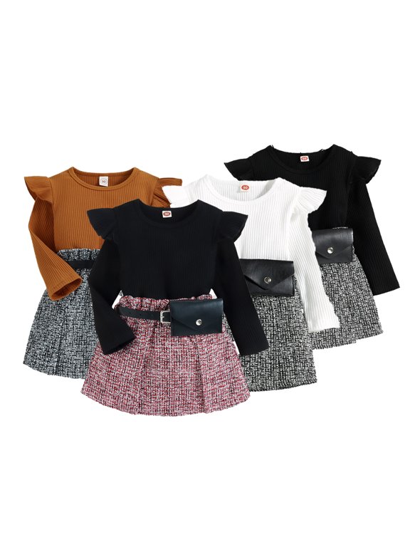 Newborn Toddler Girls One-Line Skirt Outfit 12M-5Y Trendy Ruffled Ribbed Long-Sleeve Tees and Design Skirt Set Fall Clothing Free Small Waist Bag 2PCS