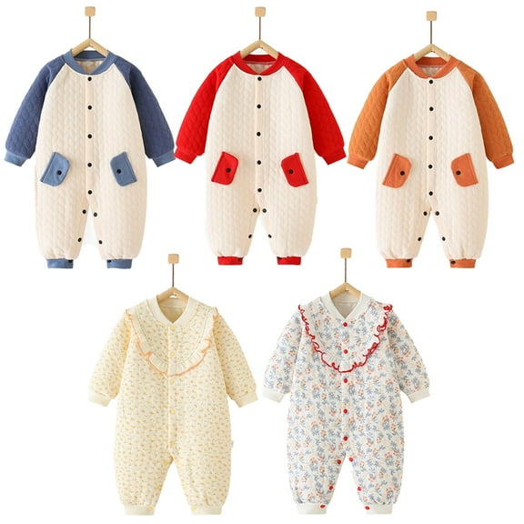 Esaierr Newborn Girls Boys Cotton Jumpsuit Snowsuit Romper Spring Autumn Winter Long-Sleeved Buttons Thickened Clothes Warm Jumpsuit for 0-24M