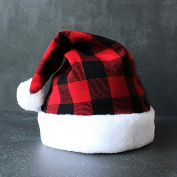 Esaierr Santa Red Hat Christmas Plaid Santa Hat Plush Fabric Christmas Hat for Adults and Kids