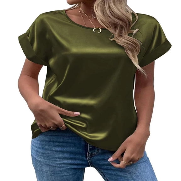 Esaierr ‌‌Silk Satin Round Neck T-Shirt for Women's Short Sleeve Loose Fit Breathable Casual Summer Top‌
