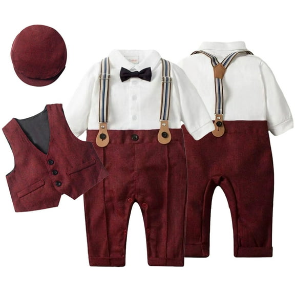 Esaierr Spring Fall Baby Boys Gentleman Outfit Suits Set, 3PCS Shirts & Vest & Berets Hat & Camisole Jumpsuit Newborn Weekly Clothes 0-3 Years