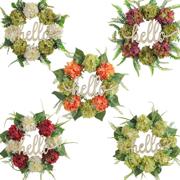 Esaierr Spring Summer Wreath for Front Door,Front Door Wreaths for All Seasons Handmade Hydrangea Wreath Hello Wreath Farmhouse Wreath Grapevine Wreath 17.72inch