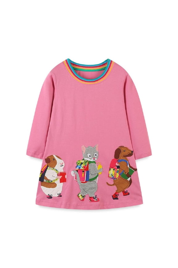 Toddler Baby Girl Simple Dress Cartoon Pattern Embroidered Cotton Long-Sleeved Dresses