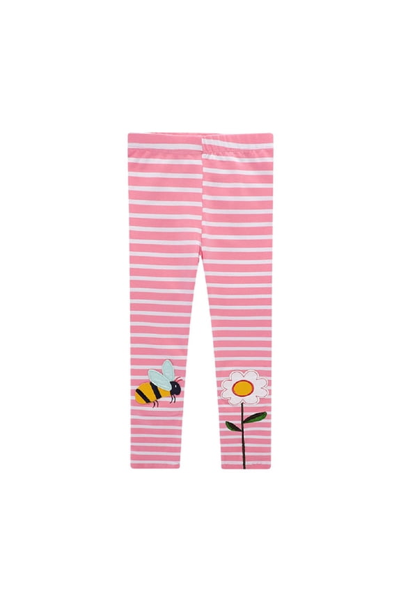 Toddler Baby Girls Stripe Leggings Kids Pink Bee Flower Print Pant Leggings for 2-7 Years Old Spring Autumn
