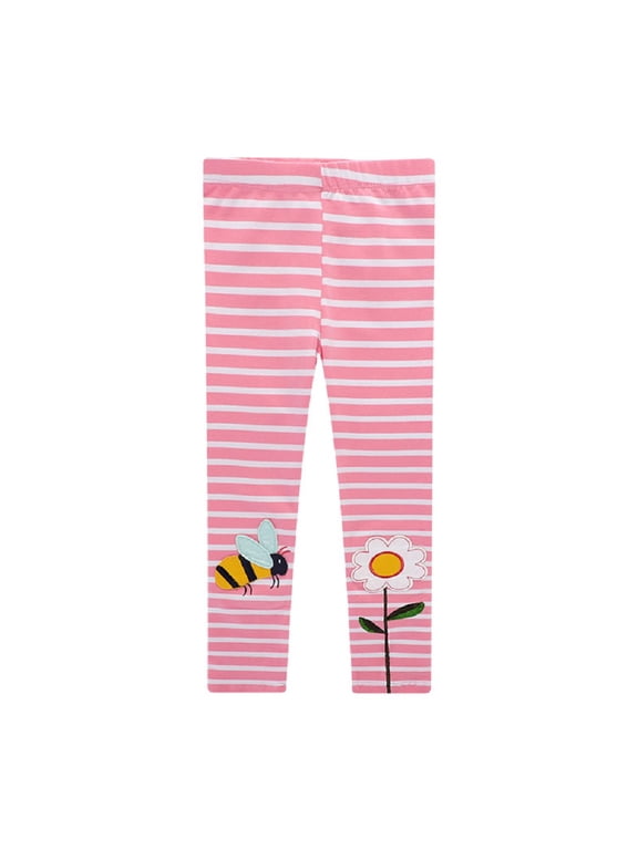 Toddler Baby Girls Stripe Leggings Kids Pink Bee Flower Print Pant Leggings for 2-7 Years Old Spring Autumn