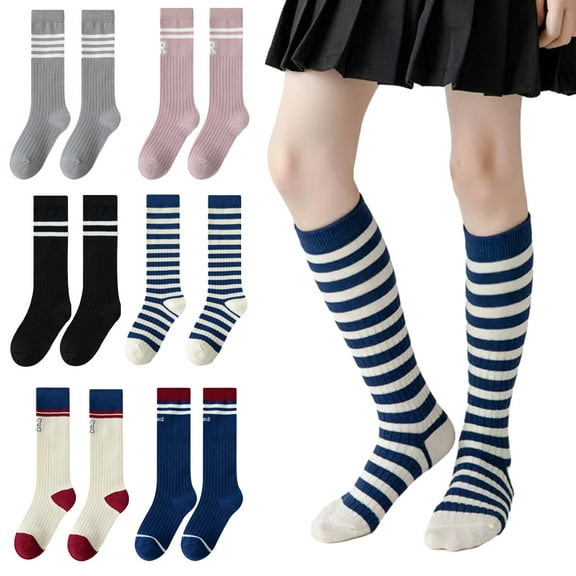 Esaierr Toddler Baby Knee High Socks for Kids Girls Letter Stripes Cotton Spring Socks Stripes Autumn Socks for 2 Pairs 3-10Y