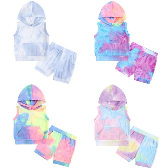 Esaierr Toddler Baby Summer Sleeveless Sweatshirt Pants 2Pcs Set for Boys Girls,3M-2Y Infant Hooded Pullover Tie-Dye Sleeveless Sweatsuit Top+stylish Shorts Set