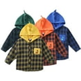 thumbnail image 1 of Esaierr Toddler Boys Classic Shirt for Baby Kids Hooded Plaid Shirt Jacket Cartoon Long Sleeve Button Fall Winter Tops for 1-7Y, 1 of 5